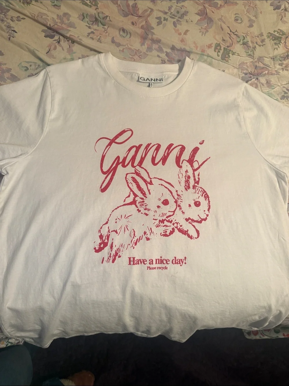 Ganni White Short Sleeve Tee with Pink Bunny Graphic